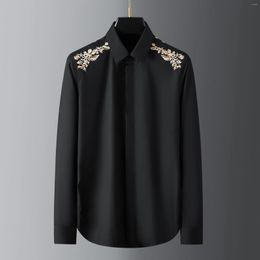 Men's Casual Shirts Floral Embroidery Male Luxury Long Sleeve Black White Mens Dress Slim Fit Party Tuxedo Man 3XL