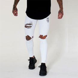 Men's Jeans Wihte Men Knee Ripped Holes Skinny Destroyed Fashion Slim Fit Hip hop Mens Streetwear Cotton High quality Joggers 220923