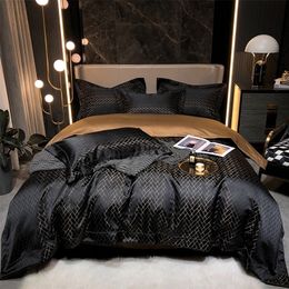 Bedding sets Luxury Black Gold Yarndyed Jacquard Egyptian Cotton Bedding Set Satin Silky Duvet Cover FlatFitted Sheet Pillowcases 4Pcs 220924