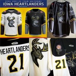 Gla Mit ECHL 2021-22 Iowa Heartlanders New Uniforms Jersey Custom Mens Womens Youth Home Away Hockey Jersey White Black