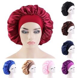 Comfortable Solid Colour Satin Night Cap Fashion Women Wide Elastic Band Hair Care Beauty Sleep Hats Soft Rayon Hair Accessory Caps