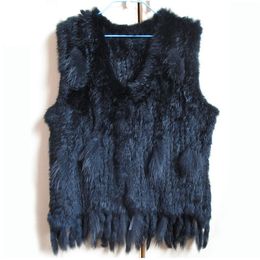 Women s Fur Faux Lady Real Rabbit Vest Knitted Tassel Casual Waistcoat Fashion Knit Gilet 100 Natural Genuine Sleeveless Coats 220926