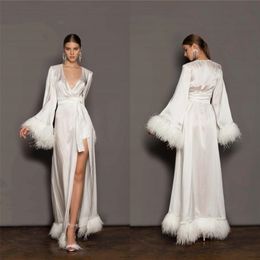 Party Dresses Feather Bridal Bathrobe Long Sleeves Satin Silk Wedding Sleepwear Bath Robes Nightgowns Party Wear Women Dress Kimono 220923