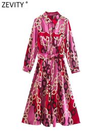 Casual Dresses Zevity Women Vintage Colour Matching Chain Print Buckle Sashes Midi Shirt Dress Female Chic Pocket Patch A Line Vestidos DS2161 T220905