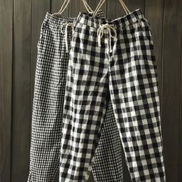 Women's Pants Capris Spring Summer Plaid Harem Drawstring Waist Large Size Casual Loose Cotton Linen Trouser 220922