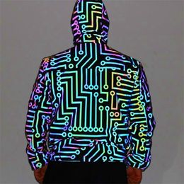 Men's Jackets Men geometric circuit lines colorful reflective jackets hip hop windbreaker men's reflect light casual coats jaqueta masculina 220924