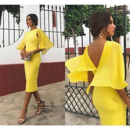 Party Dresses Elegant Yellow Short Prom Dresses Party Gown Sheath Backless Flutter Sleeve Tea Length Chiffon Midi vestidos de fiesta cortos 220923