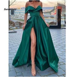 Party Dresses Off the Shoulder Emerald Green Satin Long Prom Dresses with Leg Slit Vneck Floor Length Arabic Evening robe de soiree 220923