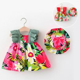 Girl Dresses Toddler Summer Floral Infant Princess Girls Vacation Dress Baby Sleeveless Hat Set Ruffles For Year 2022