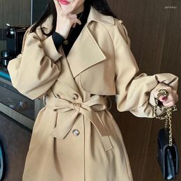 Women's Trench Coats Women's Korean Fashion For Womens Loose Sleeve Solid Slim Waist Belt Female Windbreaker V-Neck Patchwork Chic Lady