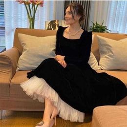 Party Dresses BridalAffair Modest Black Velvet Evening Dresses Long Sleeve Square Collar White Bottom Tea Length Formal Party Simple Prom Gown 220923