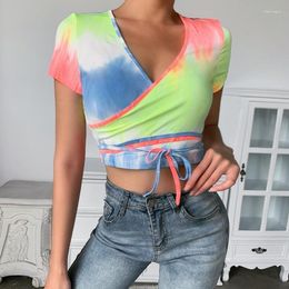 Women's T Shirts Women's T-Shirt Summer Short Sleeve Bandage Crop Top For Women Printing Tee Tops Lady V Neck Streetwear Club Cloth Tie