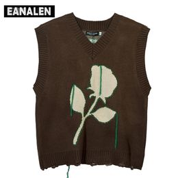 Men's Sweaters Harajuku Vintage college boyfriend wind rose flower jumper knitted sweater vest Korean sleeveless thick sweater grandpa ugly Y2K 220926