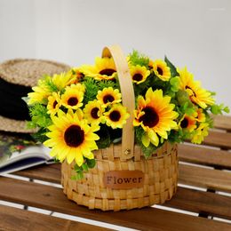 Decorative Flowers High Quality Artificial Flower Bonsai Silk Sunflower With Basket For Home Garden Party Wedding Table Centre Decoration