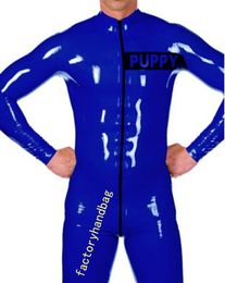 Mens Sexy blue color PUPPY Label Catsuit Costumes Wetlook pvc faux Leather 3-ways front Zipper to ass leotard Clubwear Bodysuit