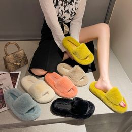 Slippers Winter Women House Furry Slippers Faux Fur Keep Warm cotton Shoes for home Women Flats Female Black Plush indoor slides 220926