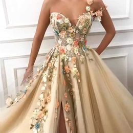 Abiti da festa Fiori di champagne Split ALine Abiti da ballo Donna Party Night Appliques lunghi Abito da sera robes de 220923