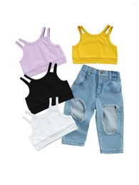 Conjuntos de roupas 2022 crianças crianças meninas meninas camisole rasgou jeans de cintura alta estilo casual umbigo sexy verão 1-7t
