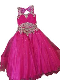 Fuchsia Baby Girls Pageant Dress 2023 Crystals AB Stones Kid Birthday Party Gown Flower Girl Wedding Guest Fluffy Outfit Toddler Princess Christmas Floor-Length