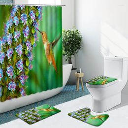 Shower Curtains Green Plant Bird Flower Sunflower Bathroom Set Non-Slip Rugs Flannel Carpet Toilet Cover Curtain Rose Butterfly Bath Mat