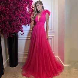 Party Dresses Eeqasn Fuchsia Tulle Long Prom Dresses VNeck Pleats Evening Gowns Open Back Women Saudi Arabia Wedding Party Dress 220923