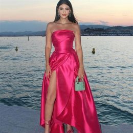 Party Dresses UZN Red ALine Silk Satin Prom Dress Sexy High Slit Strapless Evening Dress Sleeveless Party Dresses 220923