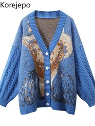 Women's Sweaters Korejepo Women Knitted Cardigan Van Gogh Sweater 2021 Autumn Winter Retro Gentle Floral Printed Jacquard V Neck Female Top T220925