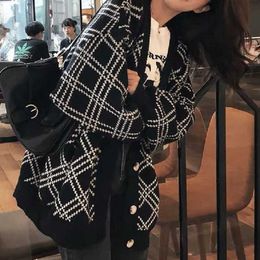 Women's Sweaters Deeptown Korean Style Lazy Wind Knitted Cardigan Sweater Women Autumn Winter Oversize Plaid Jumper Black Long Sleeve Jacket Coat T220925