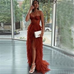 Party Dresses Burnt Orange Tiered Ruffly Tulle Evening Dresses Sexy High Low Lace Sweetheart Sleeveless Sweep Train Formal Party Gowns 220923