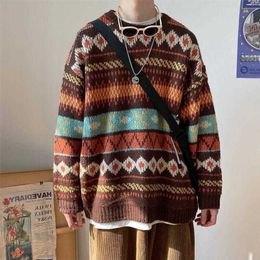 Men's Sweaters HOUZHOU Knitted Vintage Graphic Sweater with Pattern Brown Blue Pullovers and Jumpers Korean Streetwear Harajuku 220923