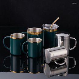 Mugs Double Wall Coffee Cup With Lid 304 Stainless Steel Bottom Mug Beer Tea Cups Drinking Glasses Thermal Water