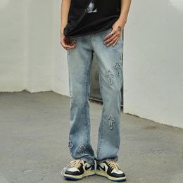 Men's Jeans LACIBLE Cross Patch Men Hip Hop Streetwear Fashion Vintage Pants High Street White Baggy Denim Light Color