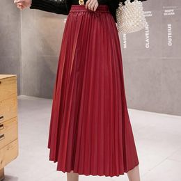 Skirts Korean PU Leather Womens Elegant Women High Waist Pleated Skirt Lady Long Solid Midi Faldas Mujer Moda