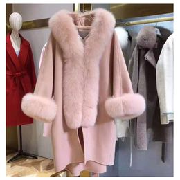 Women s Fur Faux Autumn Winter Cashmere Coat Woman Bat Sleeve Wool Women Real Collar Hood Cloak 220926