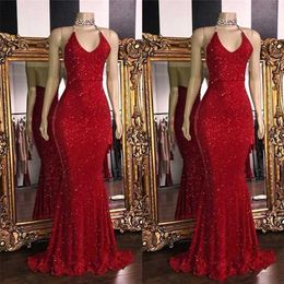 Party Dresses Sparkly rouge Sequins Sexy Neck Backless Robes de bal Halter longue Parti arabe Robe robe ma 220923