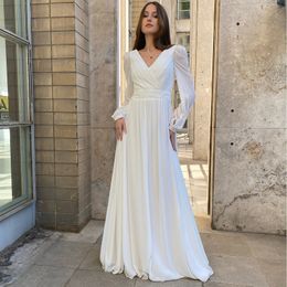 Simple Long Sleeves Boho A Line Wedding Dresses Bridal Gowns V Neck Floor Length Chiffon Bride Dress