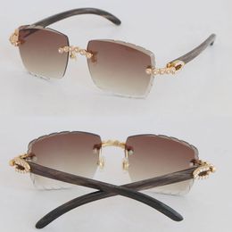 Luxury Diamond Set Rimless Sunglasses Womans Original Marbled Black Buffalo Horn Men 3524012 Carved lens Big Stones Sun Glasses Unisex Square 18K Gold Size 58