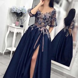 Party Dresses Navy Blue Formal Evening Gown ALine Sexy Split Lace Embroidery Satin Long with Pockets Half Sleeves Prom Dress 220923