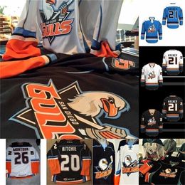 Gla Mit San Diego Gulls Jersey 21 Wagner 4 Thompson 20 Ritchie 5 Pettersson 15 Sorensen 19 Hults Abbott AHL Hockey Jerseys Orange Black White