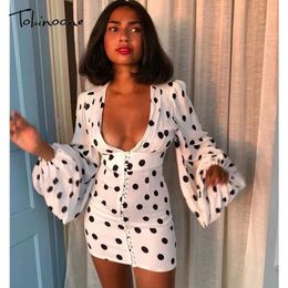 Casual Dresses Tobinoone Polka Dot Mini Dress Women V Neck Lantern Long Sleeve Autumn Dress High Waist Buttons Down Party Dress Vestido 2021 T220905