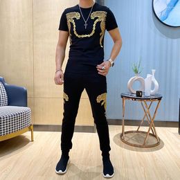 Men's Tracksuits Men's Fashion European Brand Design Rhinestone Short Sleeve Suit Two-piece High Quality