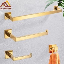 Towel Racks Polished Gold Bathroom Hardware Set Stainless Steel Robe Hook Bar Toilet Roll Paper Holder Ring Accessories 220924