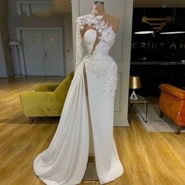 Party Dresses High Slit Mermaid Evening Dresses One Long Sleeves Appliques Lace Luxurious Long Evening Dresses Soft Satin Women Special Occasi 220923