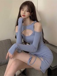 Casual Dresses Women Mini Dress Lace Up Bandage Autumn Slim Long Sleeve Short Dresses Hot Sexy Hollow Out Elegant Vestidos Clothes 2022 Y2209