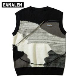 Men's Sweaters Harajuku black and white striped diamond jumper sweater vest men's oversized Korean Vintage Y2k knitted ugly sweater women's 220926