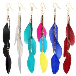 Colourful Feather Dangle Vintage Bohemian Long Chain Fringed Earrings Temperament Fairy Water Drops Earrings Boho Indian Jewellery