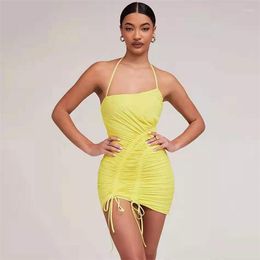 Casual Dresses 2022 Women Yellow Sexy Halter Sleeveless Draw String Mini Dress Elegant Night Club Party Vestidos