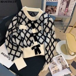 Women's Sweaters Vintage Elegant Plaid Knit Cardigan Sweater Women 2022 Autumn Bowtie Stylish Korean Fashion Tops Long Sleeve O-neck Ladies Coats T220925