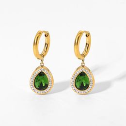 Stud Earrings Luxury Stainless Steel Zircon Water Drop Dangle Ear Jewelry 18K Gold Hoop Black Purple Green Crystal For Women