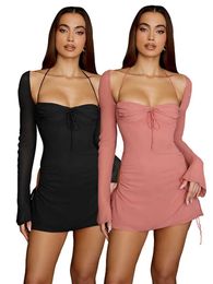 Casual Dresses Women Flare Long Sleeve Pink Dress Fashion Square Collar Bandage Robes Sexy Cut Out Party Club Vestidos T220905